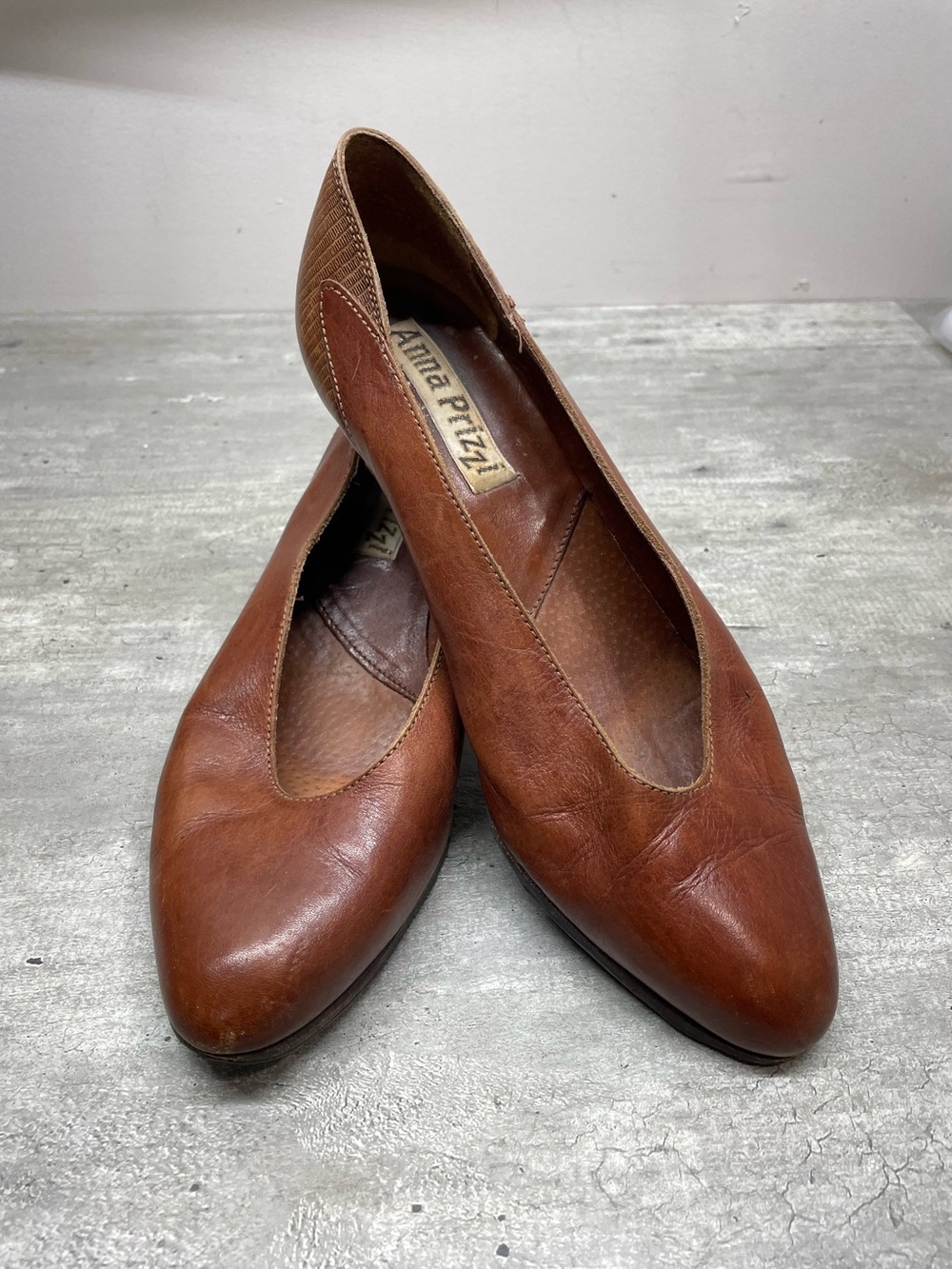 Anna Prizzi Pumps Womens 39.5 Brown Good Leather Lizard Embossed Cone Heel Italy